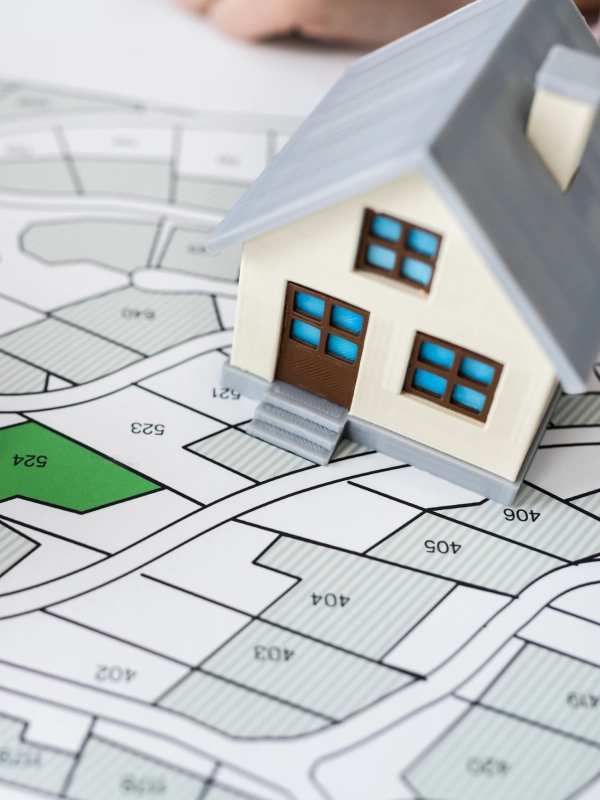 Fotografía casa de juguete sobre mapa - Catastro y Georreferenciación